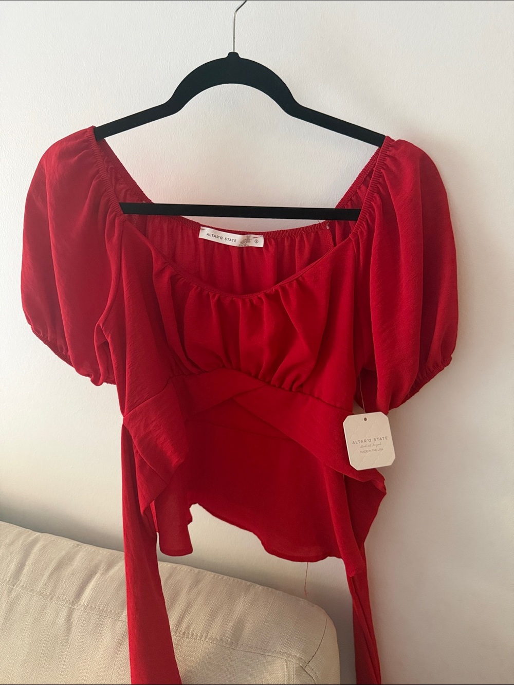 Altar'd State Red Puff-Sleeve Tie-Front Blouse